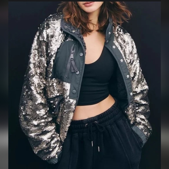 free people movement Jackets & Blazers - Free People Movement Hit The Slopes Silver Metallic Sequin Shiny Jacket Size XS